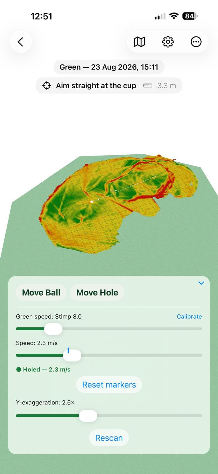 The aim screen on a slope-coloured green: “Aim straight at the cup”, 3.3 metres, holed at 2.3 m/s, with green speed and ball speed sliders.