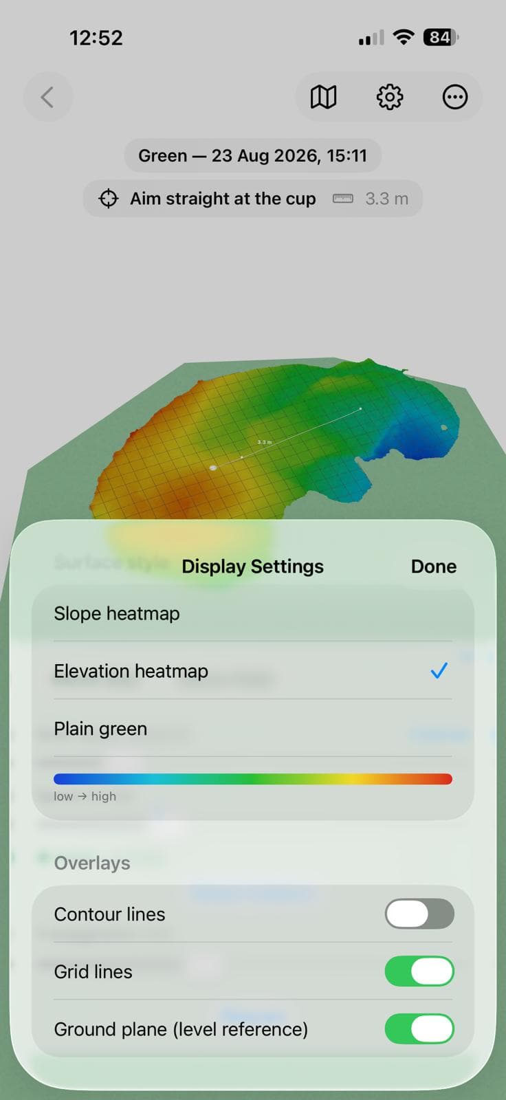 The Display Settings sheet: slope heatmap, elevation heatmap or plain green, plus toggles for contour lines, grid lines and the level ground plane.