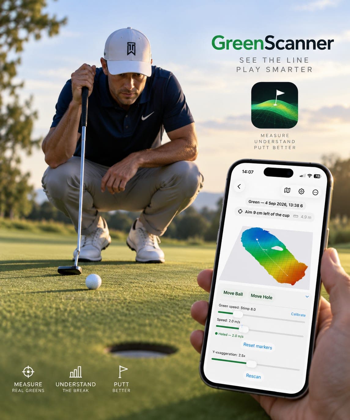 A golfer crouched behind the ball reading a putt, holding an iPhone that shows GreenScanner’s aim screen for the same green.